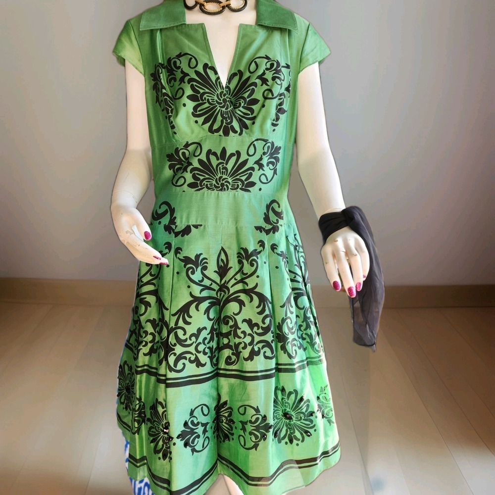 Kay Unger Sz 8 Green Black Floral Silk Blend  Party Cocktail Dress EUC